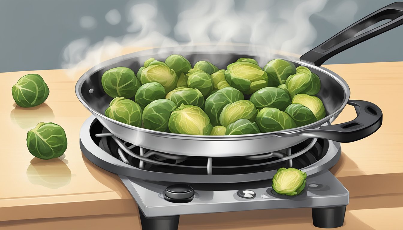 A small skillet reheating fried brussels sprouts on a stovetop, with steam rising from the pan