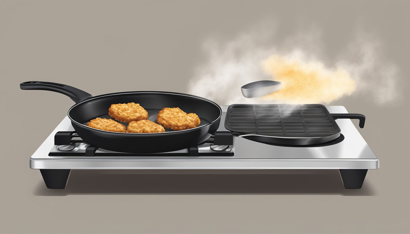 A sizzling skillet with golden-brown chicken fried steak being carefully flipped and reheated on a stovetop