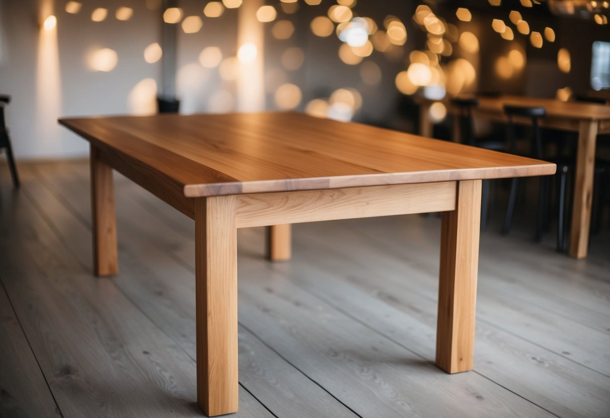 Ein Esstisch aus massivem Holz mit einer glatten, natürlichen Holzmaserung, stabilen Beinen und einem warmen, einladenden Erscheinungsbild.