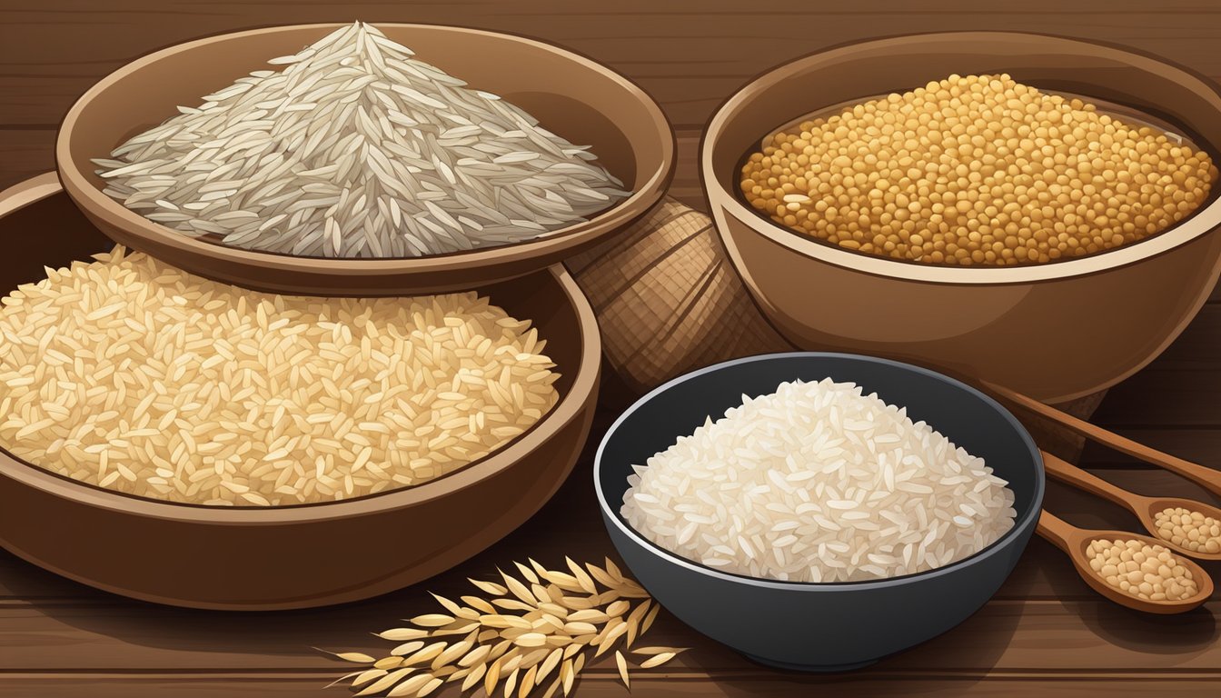 A variety of rice grains in different colors and sizes arranged on a wooden table, with a wok and various ingredients in the background