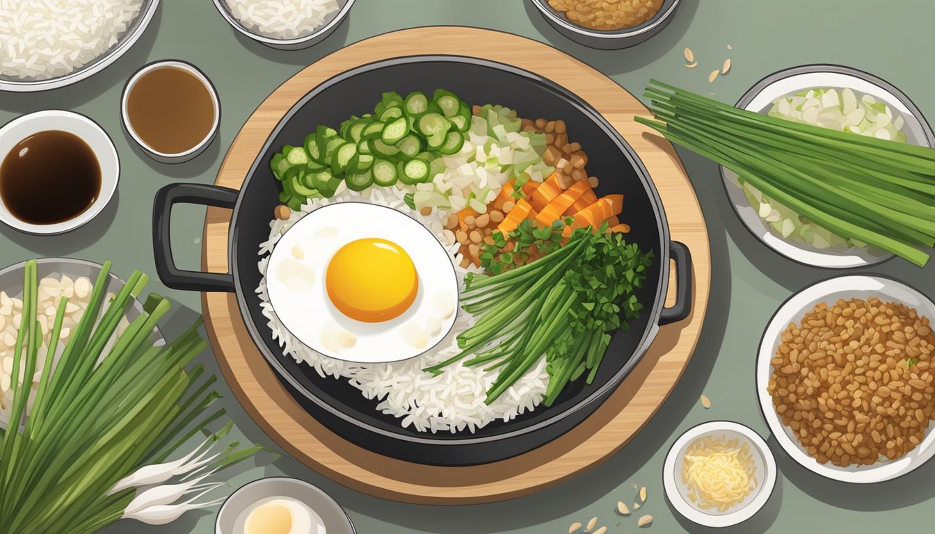 A wok sizzling with rice, eggs, vegetables, and soy sauce, surrounded by bowls of sliced green onions, garlic, and chopped protein