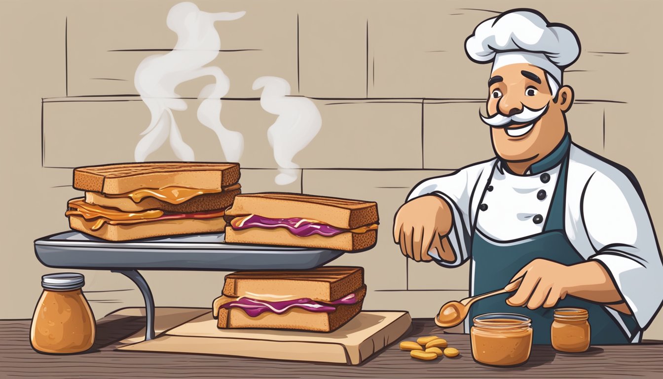 A chef grilling peanut butter and jelly sandwiches, adding unique toppings and spreads