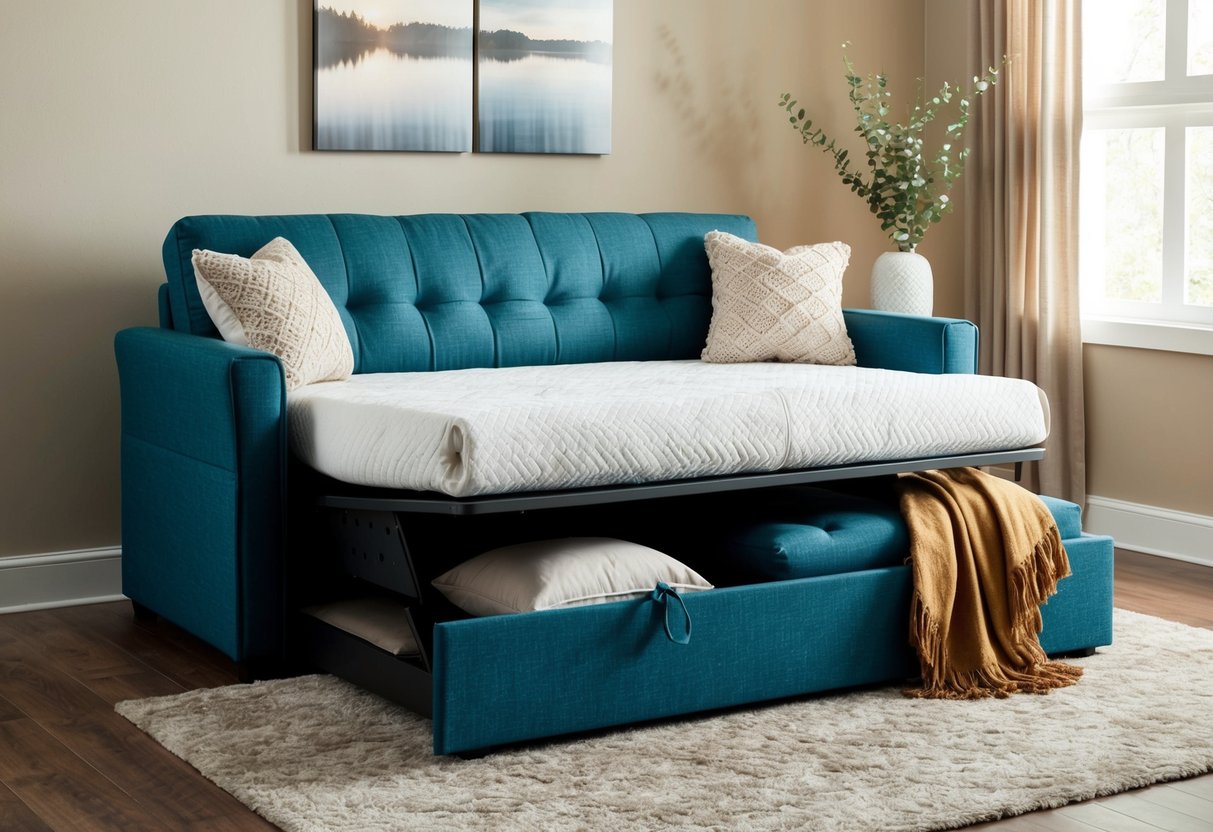 Ein Schlafsofa mit verstecktem Stauraum darunter, umgeben von gemütlichen Kissen und einer warmen Decke.