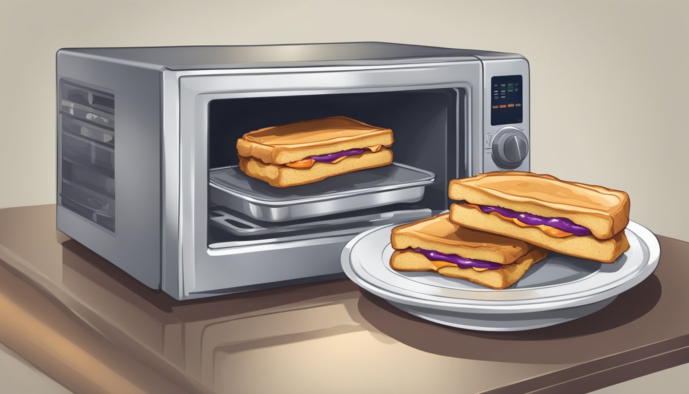 A plate with two fried peanut butter and jelly sandwiches, wrapped in foil, sitting next to a microwave