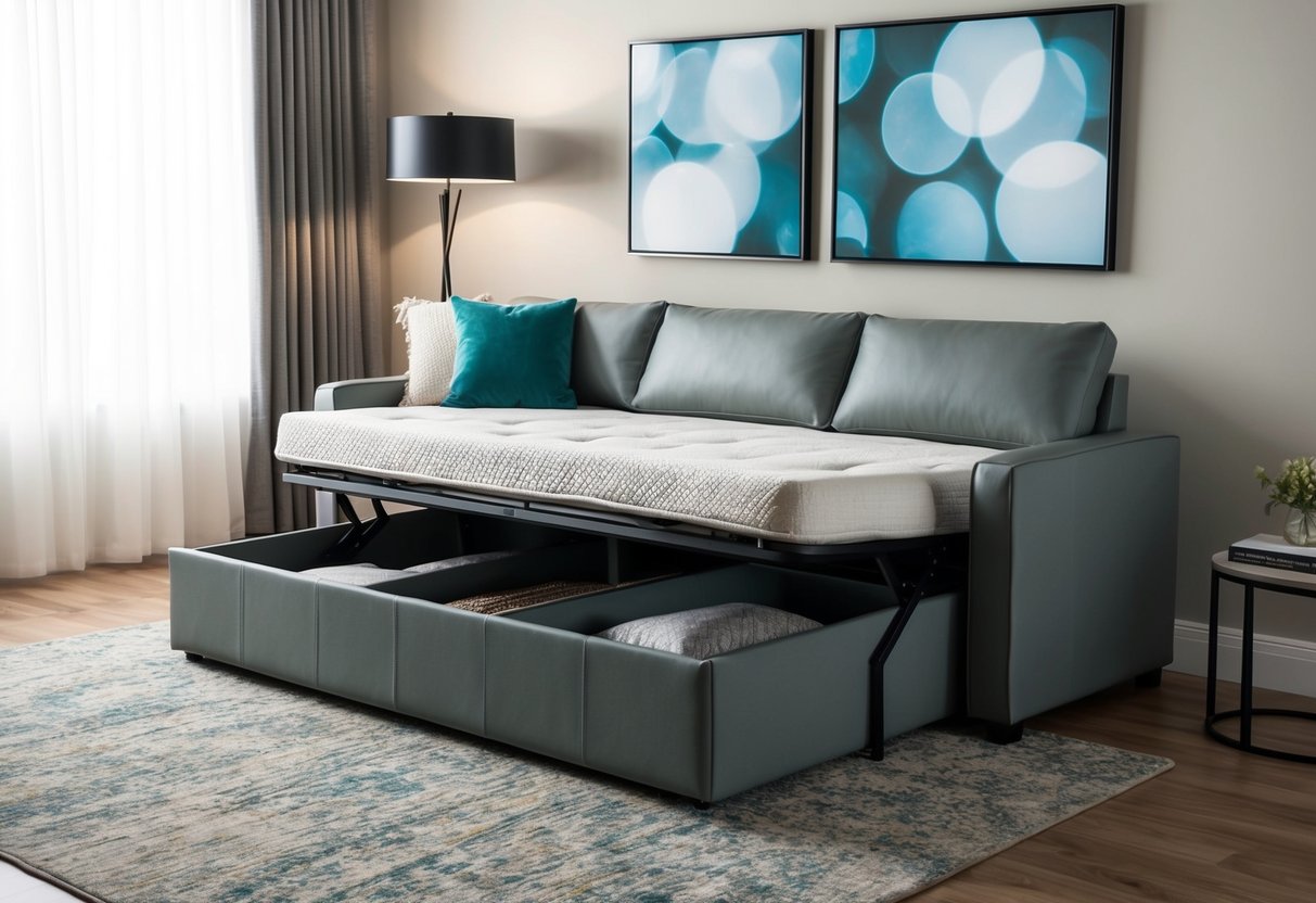 Ein gemütliches Wohnzimmer mit einem eleganten, modernen Schlafsofa, das versteckte Stauraumfächer für zusätzlichen Komfort und Funktionalität bietet.