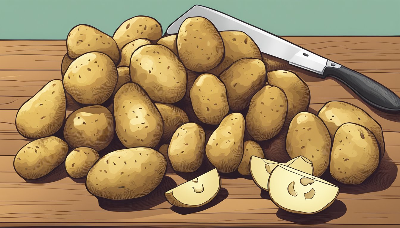 A pile of various types of potatoes next to a knife and cutting board