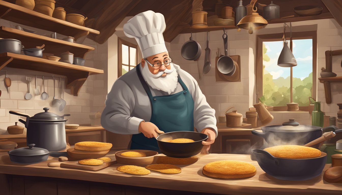 A chef frying grit cakes in a rustic kitchen, surrounded by antique cooking utensils and historical artifacts