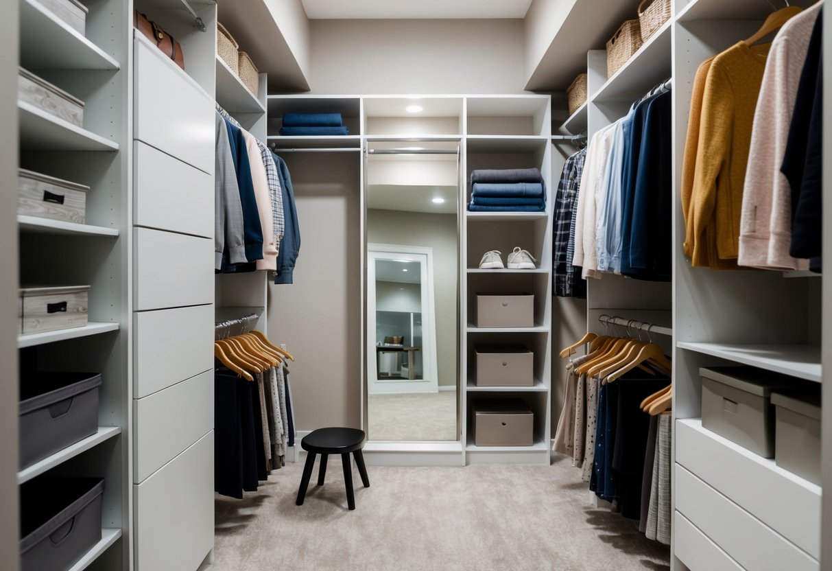 Ein gut organisierter Schrank mit Regalen, Kleiderbügeln und Aufbewahrungsboxen. Ein Spiegel und ein kleiner Hocker verleihen dem Raum Funktionalität und Stil.