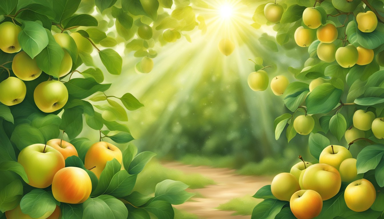 Sunlight filters through lush green leaves, illuminating clusters of golden, ripe fruits. The air is sweet with the scent of ripening apples, their smooth skins glistening in the light