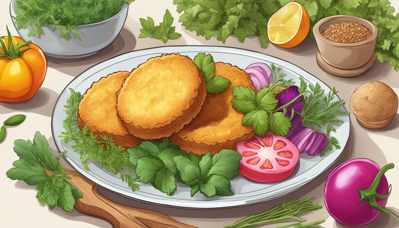 A plate of golden brown fried grit cakes surrounded by fresh herbs and colorful vegetables