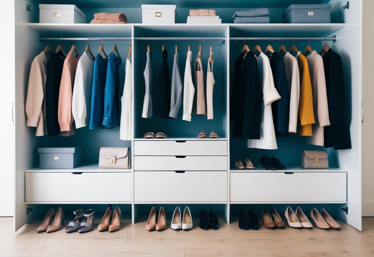 Ein gut organisierter Kleiderschrank mit ordentlich angeordneten Kleidungsstücken, Schuhen und Accessoires. Das Farbschema ist harmonisch und die gesamte Ästhetik ist sauber und modern.