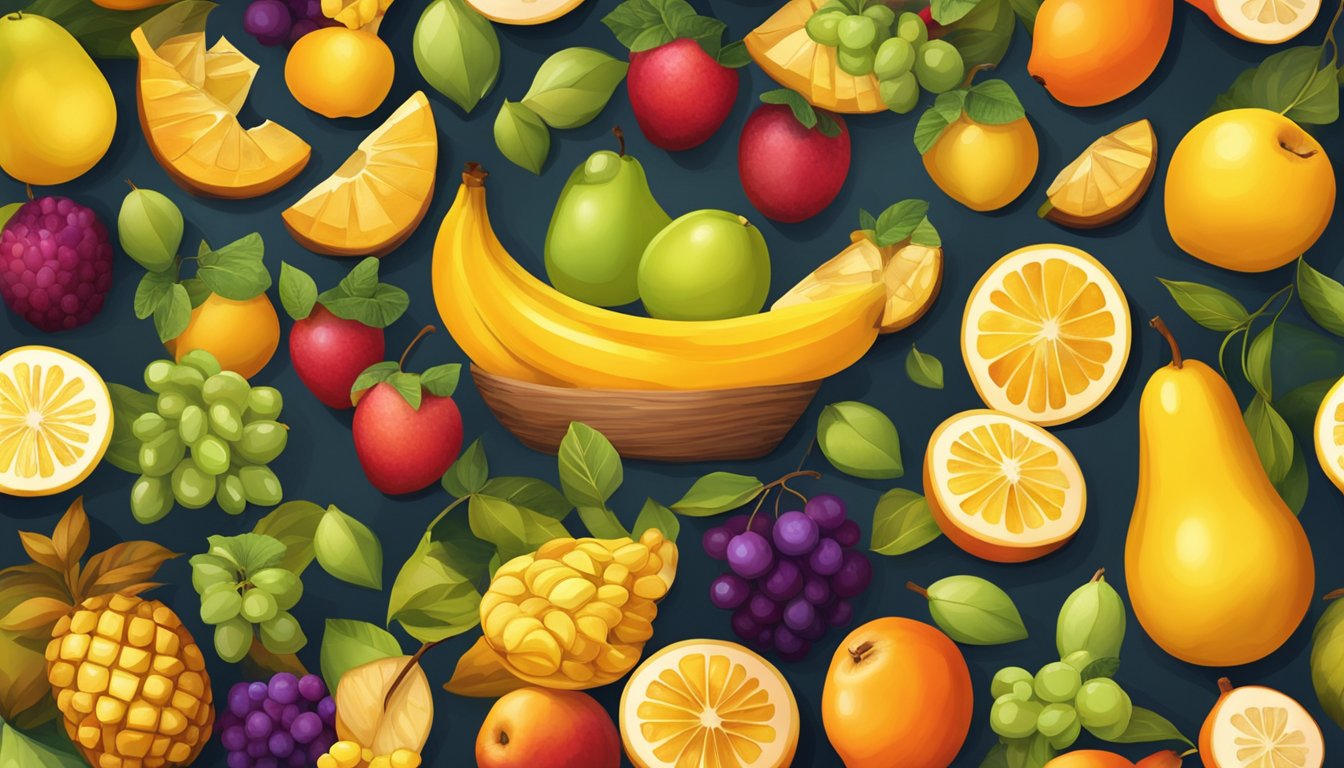 A pile of golden and delicious fruits, with vibrant colors and a variety of shapes and sizes, arranged neatly on a wooden table