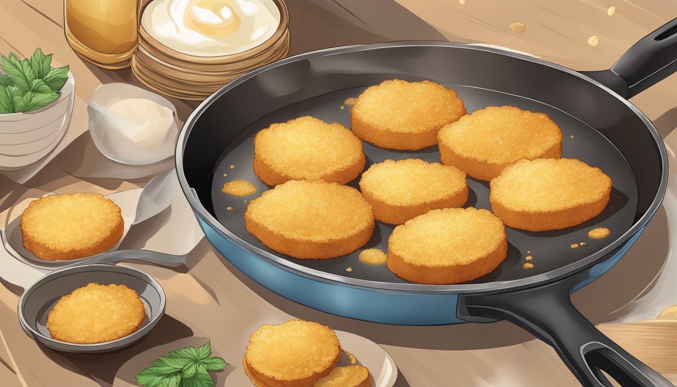 Golden-fried grit cakes sizzling in a hot skillet, releasing a mouthwatering aroma