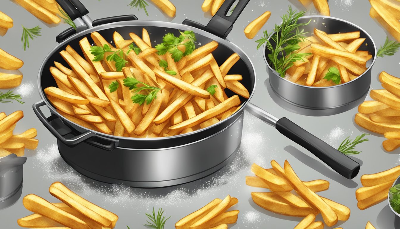 A sizzling fryer basket filled with golden, crispy fries, sprinkled with salt and herbs, steam rising from the hot potatoes