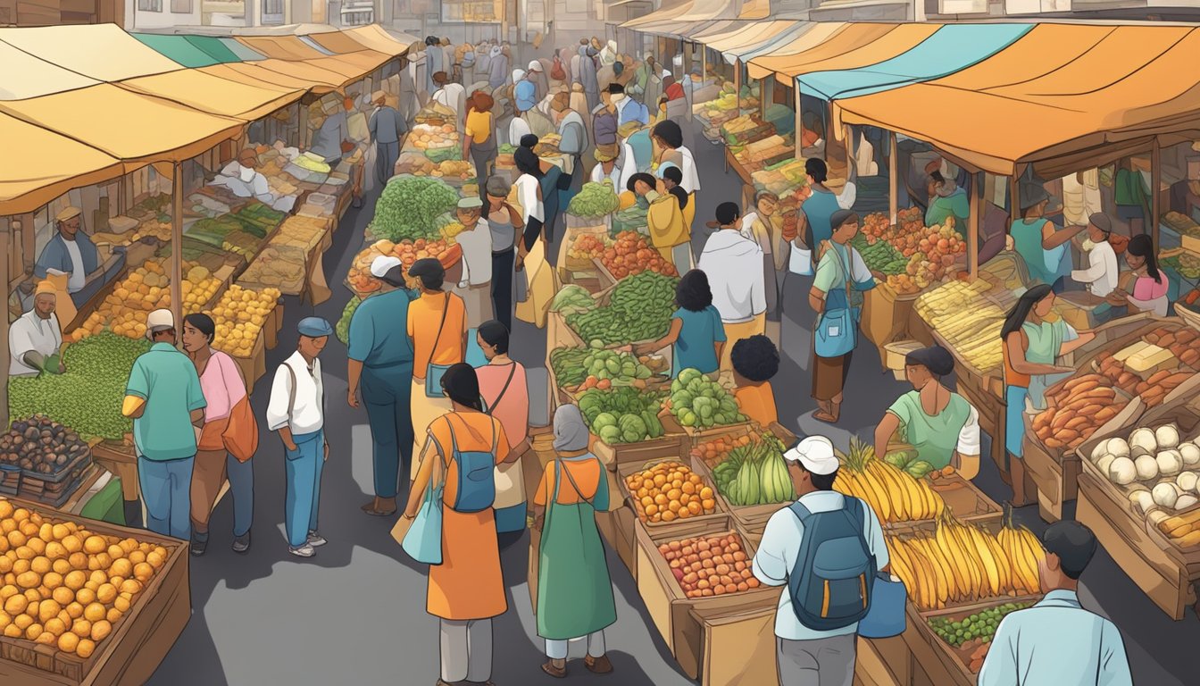 A bustling market with vendors selling golden and delicious produce. Shoppers eagerly inspecting and purchasing the sought-after items