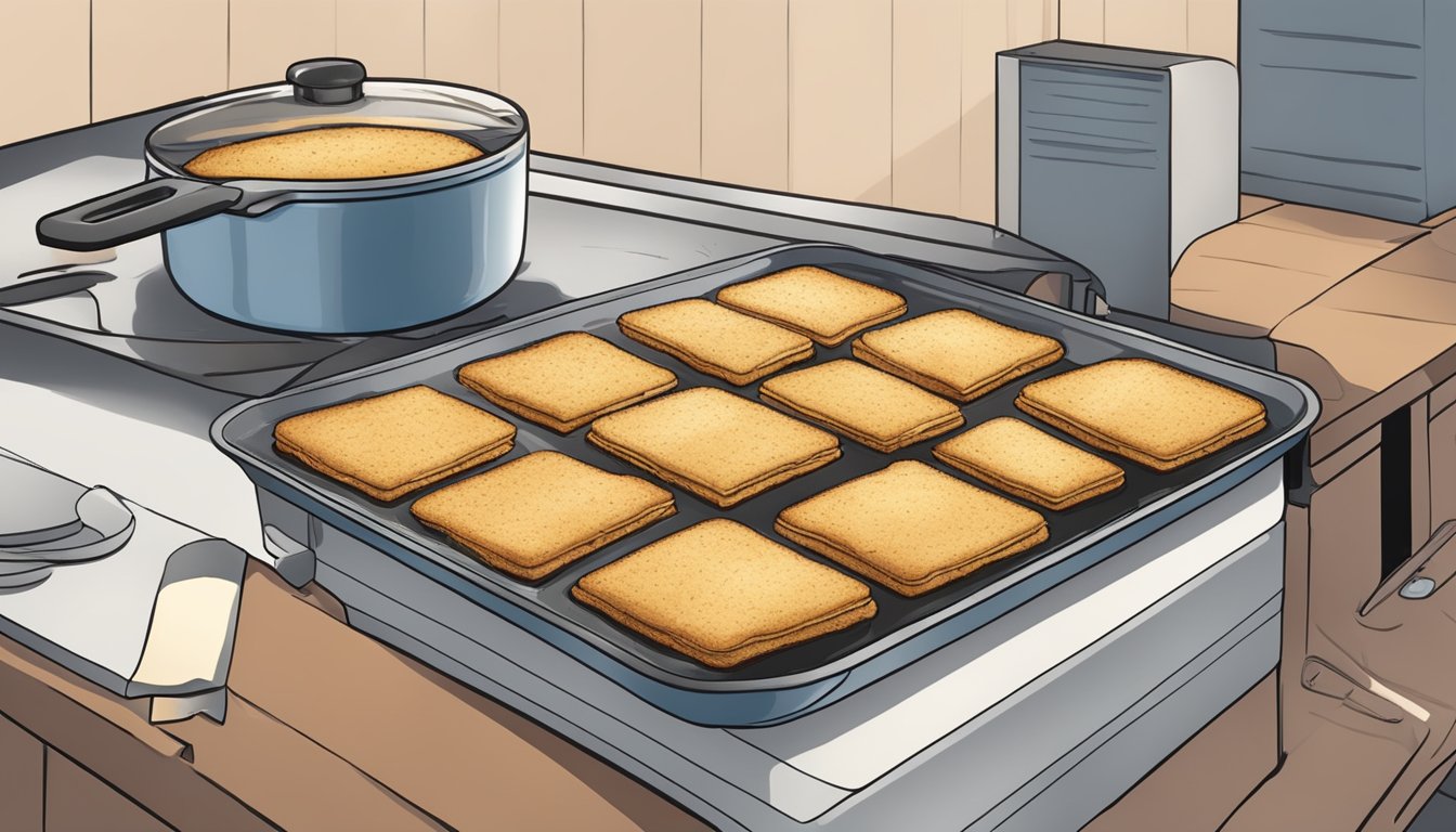 A plate of leftover grit cakes being transferred from a storage container to a skillet for reheating