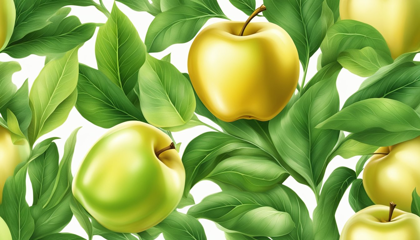 A golden apple nestled among vibrant green leaves, with a soft glow emanating from its deliciously ripe skin