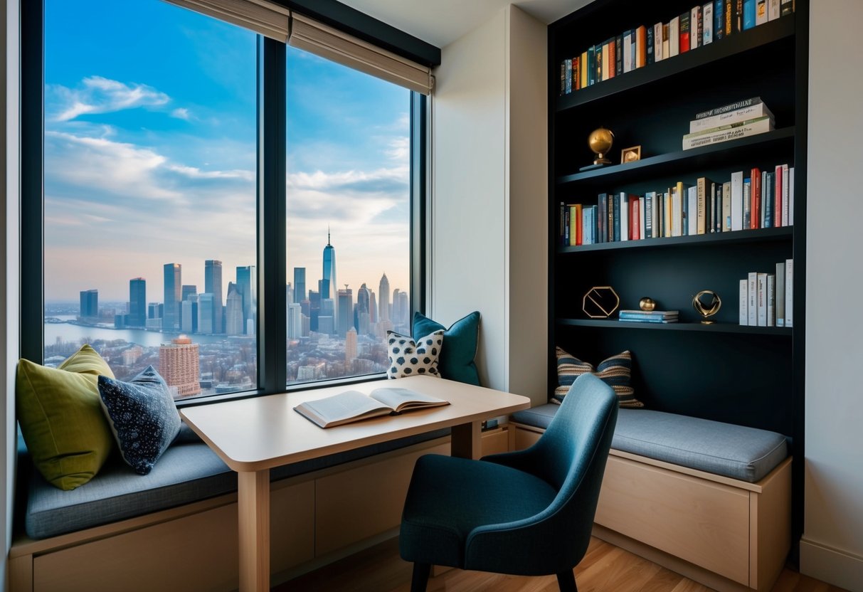 Eine gemütliche Leseecke mit einem kompakten Schreibtisch, Bücherregalen und einer Fensterbank mit Blick auf die Skyline der Stadt
