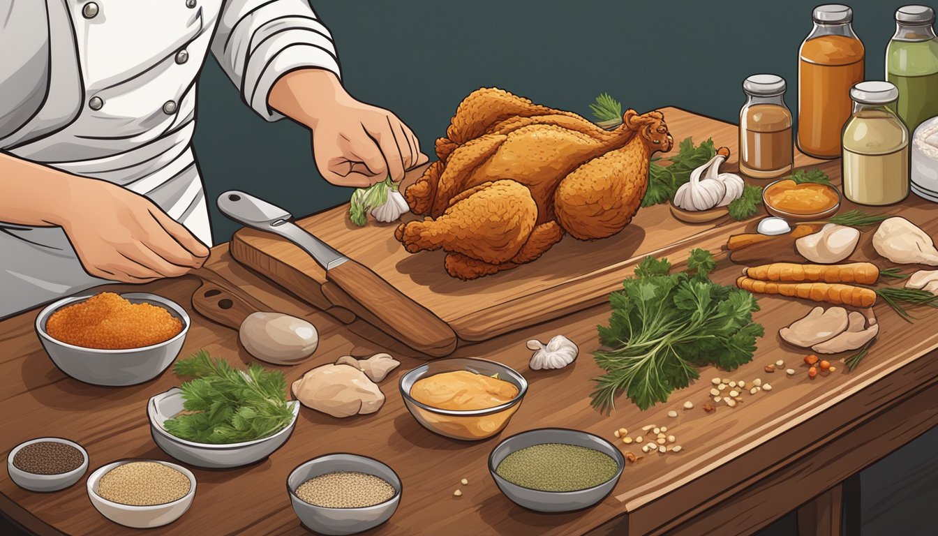 A chef selecting ingredients for fried chicken, with various spices, herbs, and raw chicken pieces laid out on a wooden cutting board