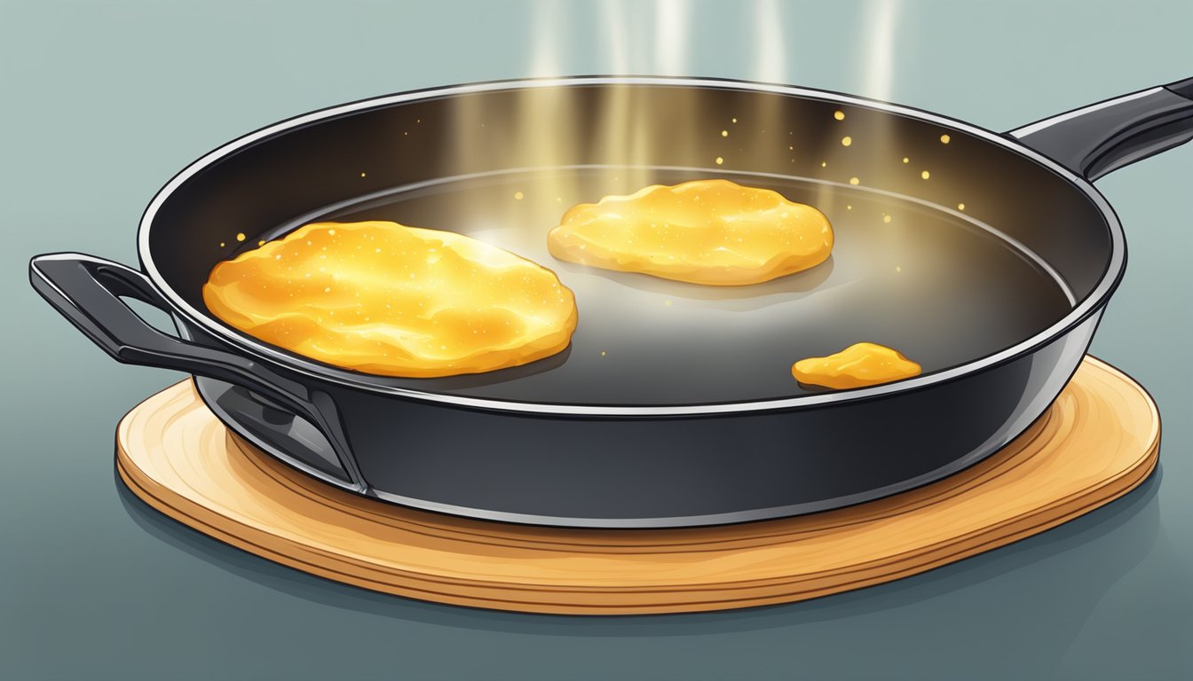 A frying pan sizzling with ghee, emitting a rich, golden aroma as it cooks