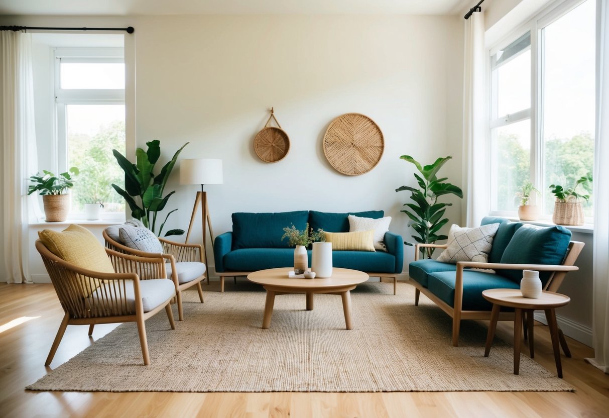 Ein gemütliches Wohnzimmer mit modernen, nachhaltigen Möbeln von verschiedenen umweltfreundlichen Marken. Helles, natürliches Licht erfüllt den Raum und betont die klaren Linien und erdigen Materialien der Einrichtung.