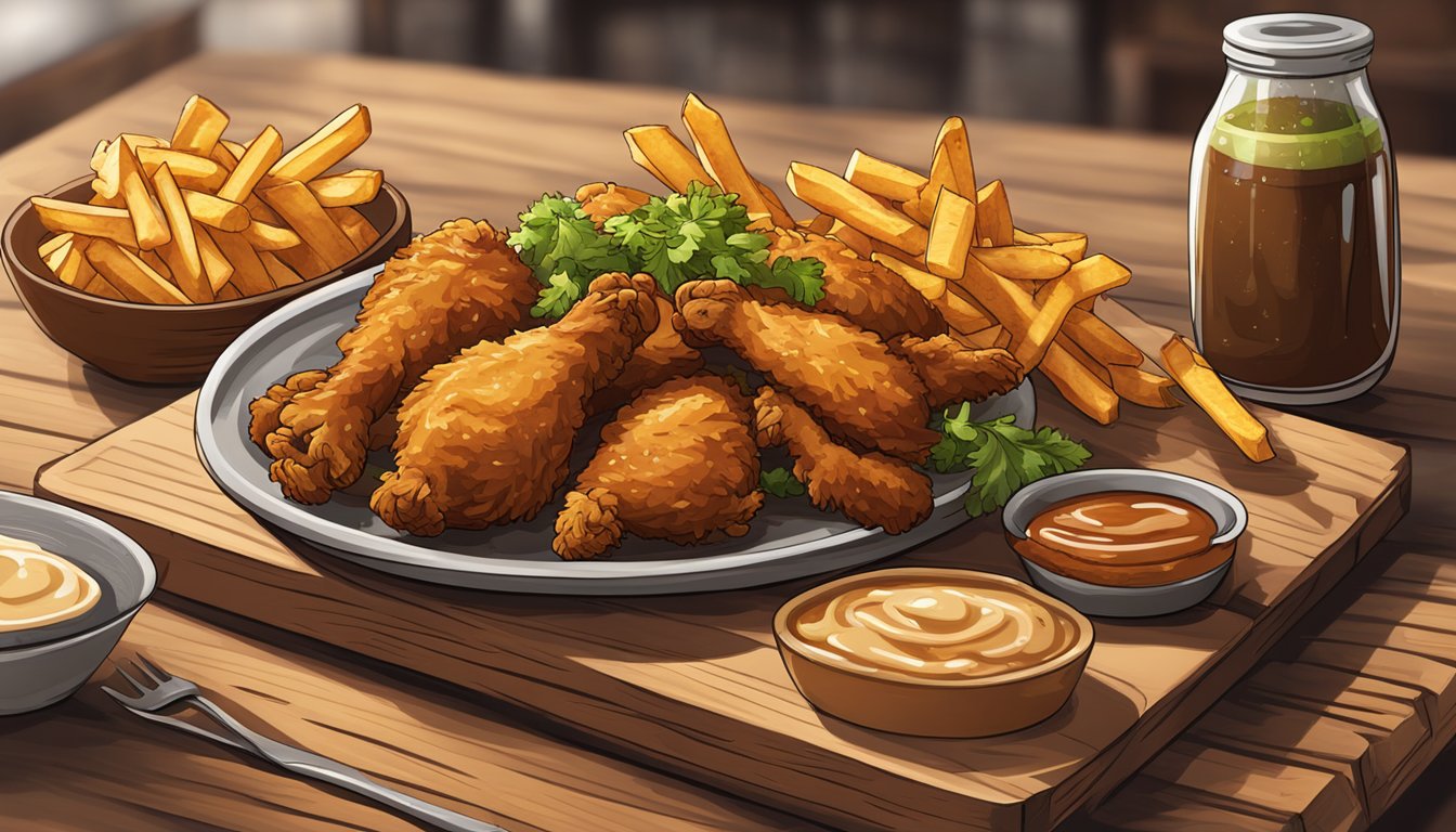 A golden-brown fried chicken platter with a side of crispy fries and a drizzle of savory sauce, all arranged on a rustic wooden serving board