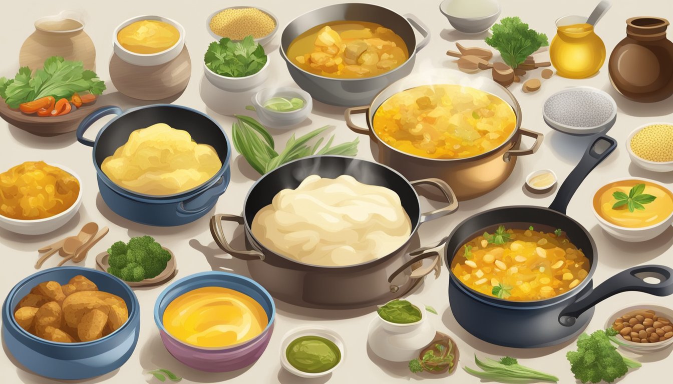 A variety of foods sizzling in ghee in different types of cookware, surrounded by different types of dietary ingredients