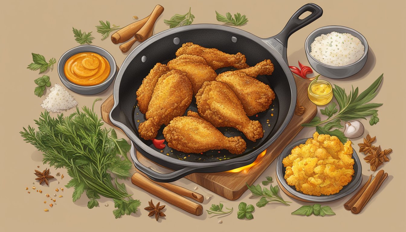 A sizzling skillet of golden fried chicken, surrounded by herbs and spices