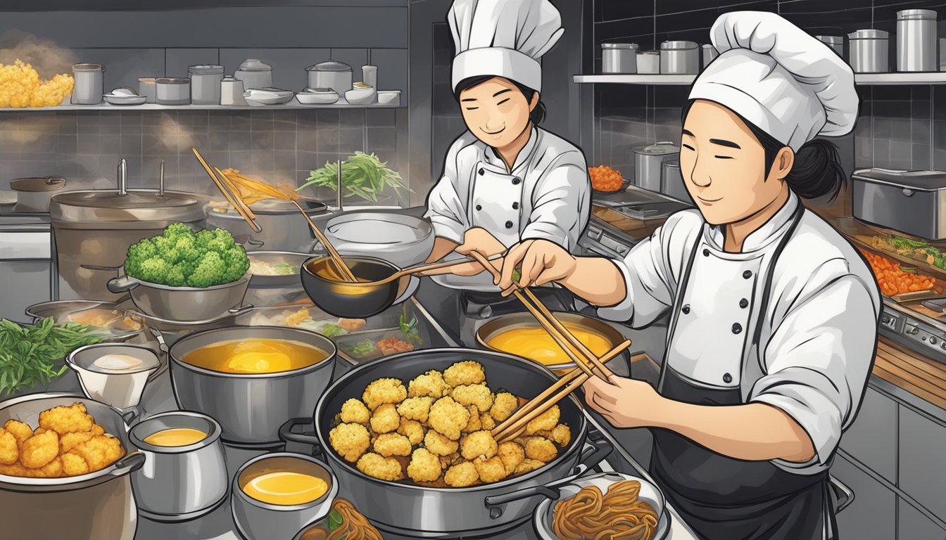 A variety of tempura ingredients sizzle in a bubbling pot of oil. A chef uses chopsticks to carefully dip and fry each piece to golden perfection