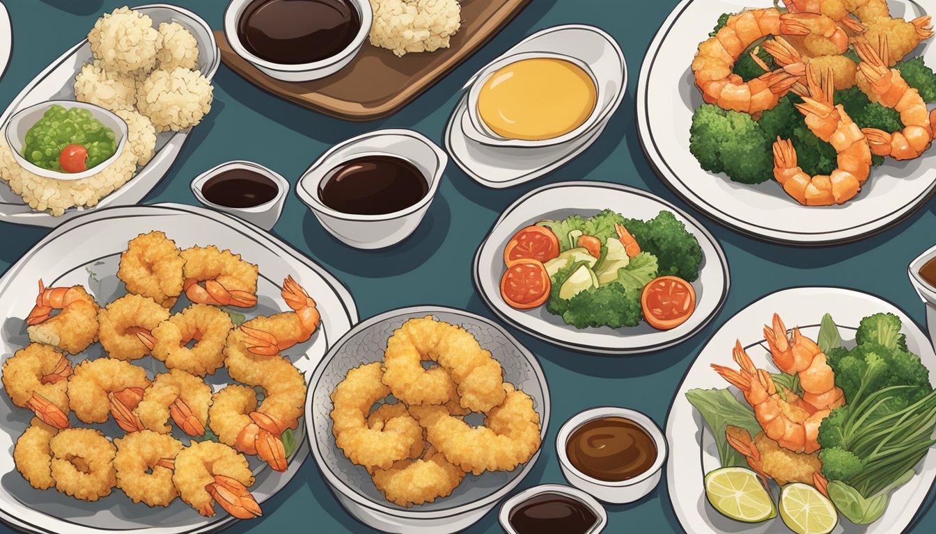 A table set with a variety of tempura dishes, including shrimp, vegetables, and dipping sauce