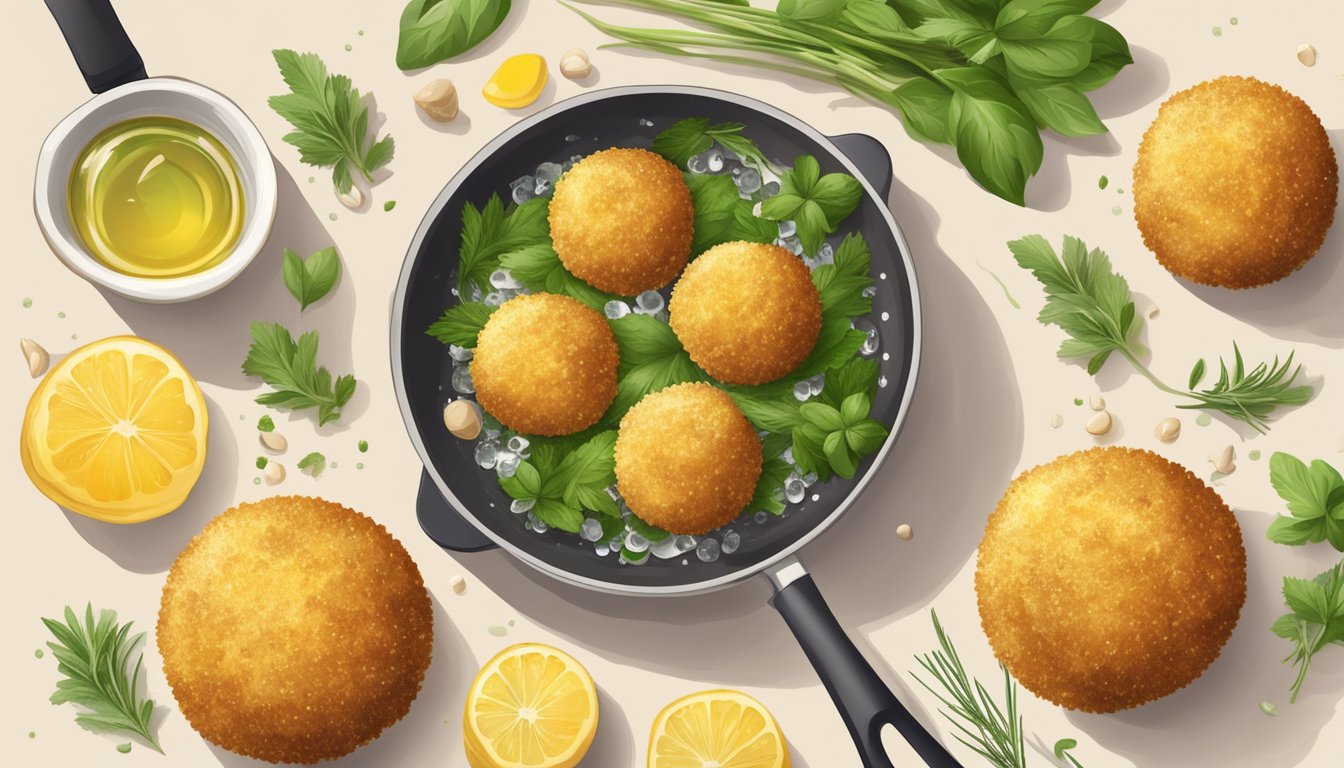 Golden arancini frying in bubbling oil, surrounded by fresh herbs and ingredients for healthier alternatives