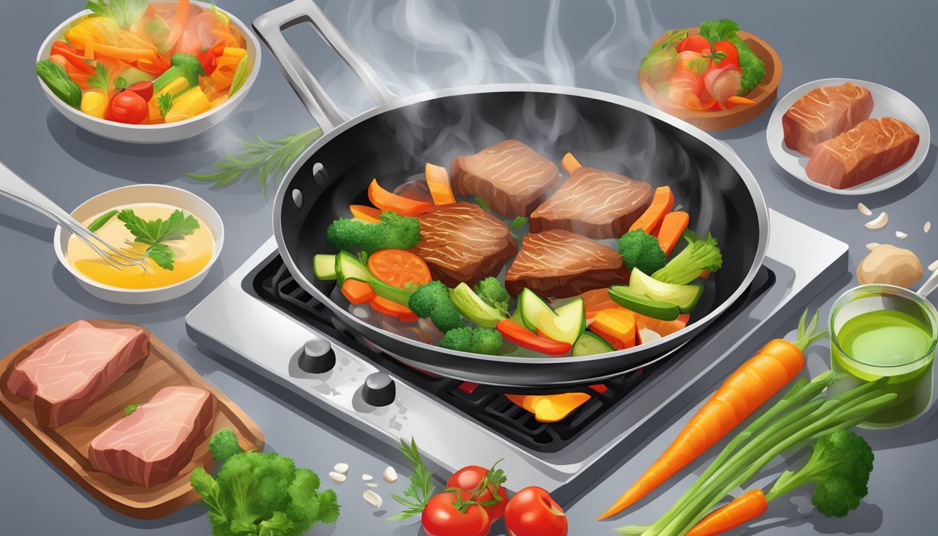 A pan sizzling with coconut oil, frying up colorful vegetables and lean cuts of meat. The steam rises as the food cooks to perfection