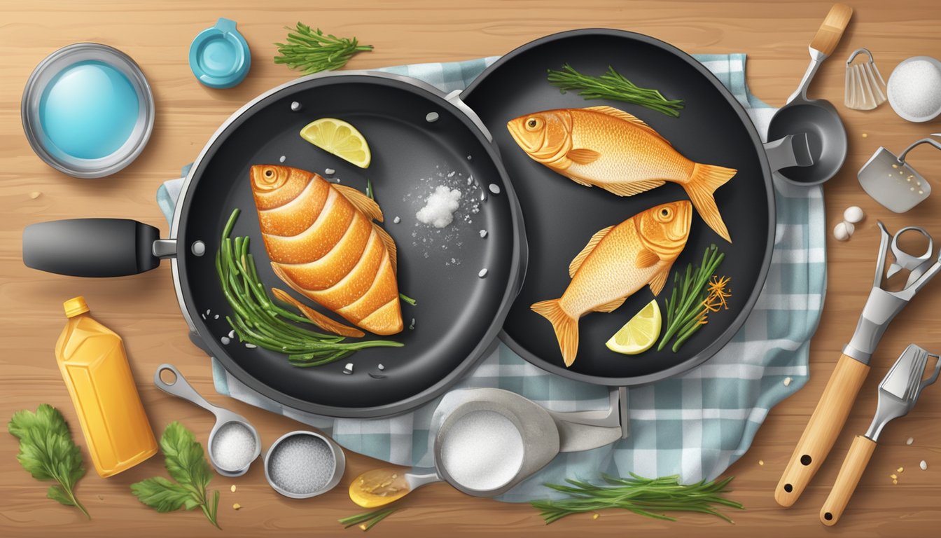 A sizzling frying pan with fish being cooked, surrounded by kitchen cleaning supplies and tools for maintenance