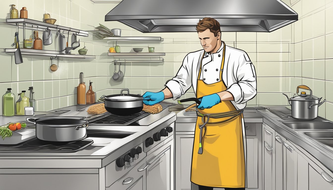 A chef frying fish in a well-ventilated kitchen, wearing protective gloves and apron, with a fire extinguisher nearby