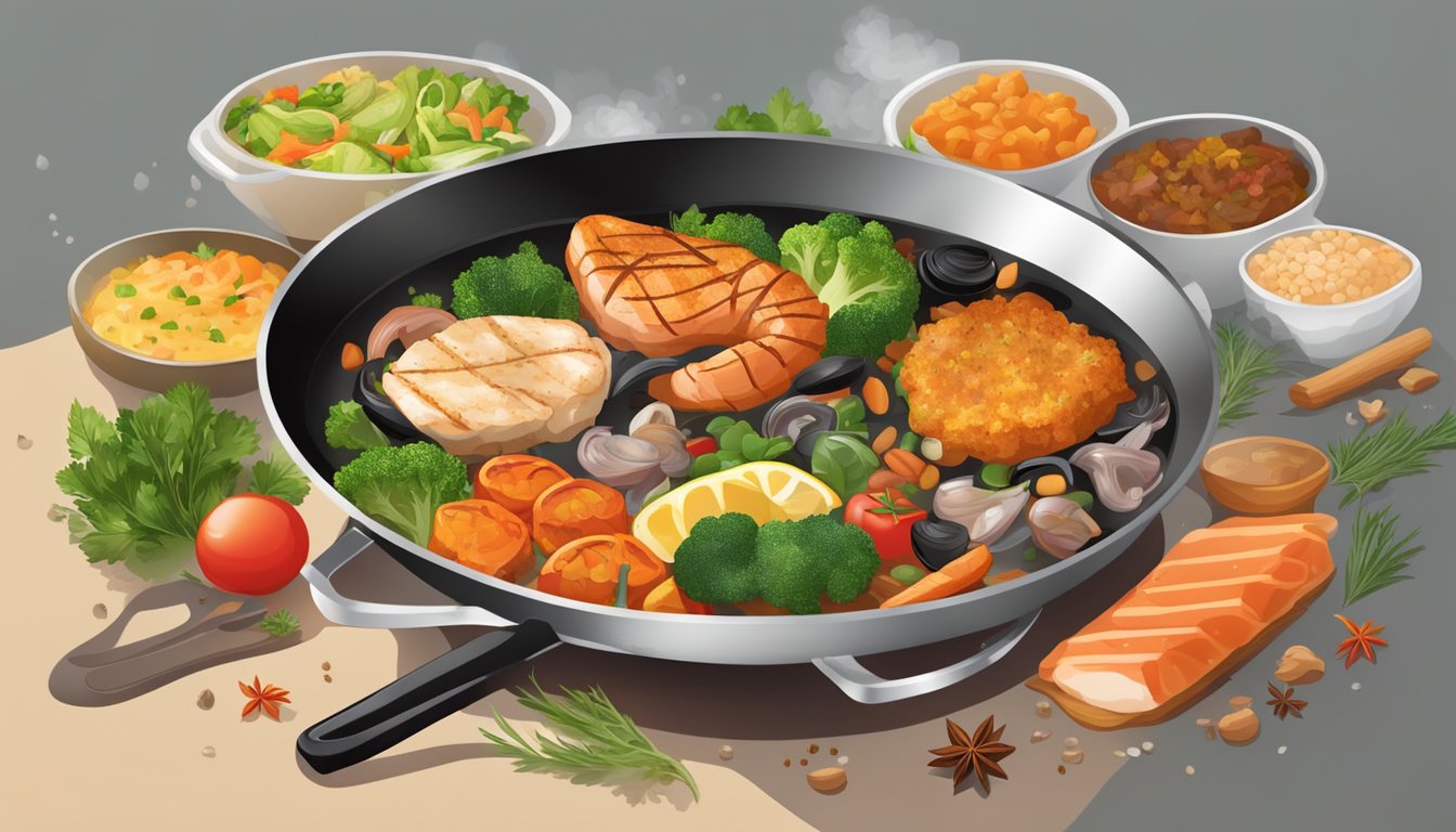 A sizzling skillet with an assortment of frying foods, including vegetables, meats, and seafood, surrounded by billowing steam and the aroma of savory spices