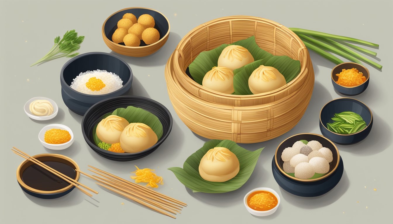 A steaming bamboo basket filled with golden, pillowy fried bao buns, surrounded by traditional Chinese cooking utensils and ingredients