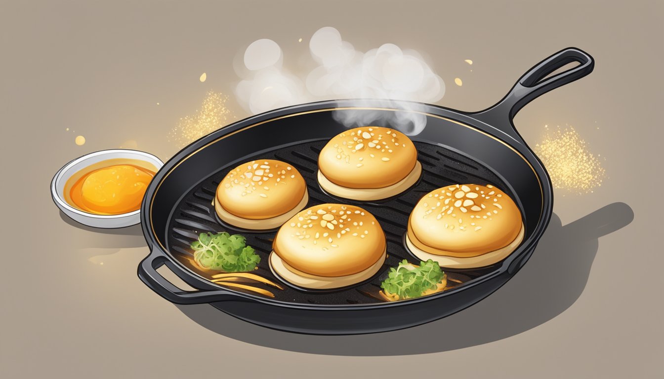 A sizzling skillet with golden-fried bao buns, emitting steam and a mouth-watering aroma