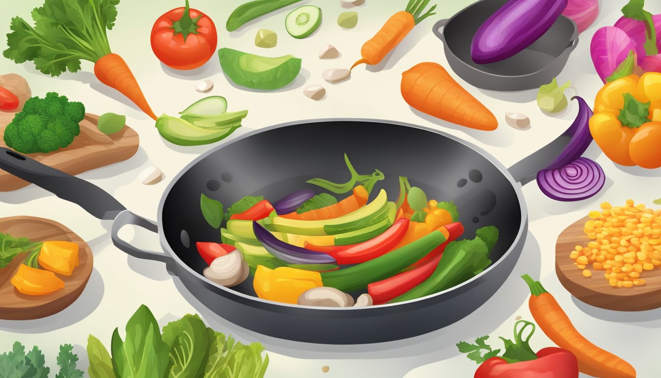 A sizzling pan with various colorful vegetables and protein cooking over a hot flame. A mix of textures and colors create an appetizing display