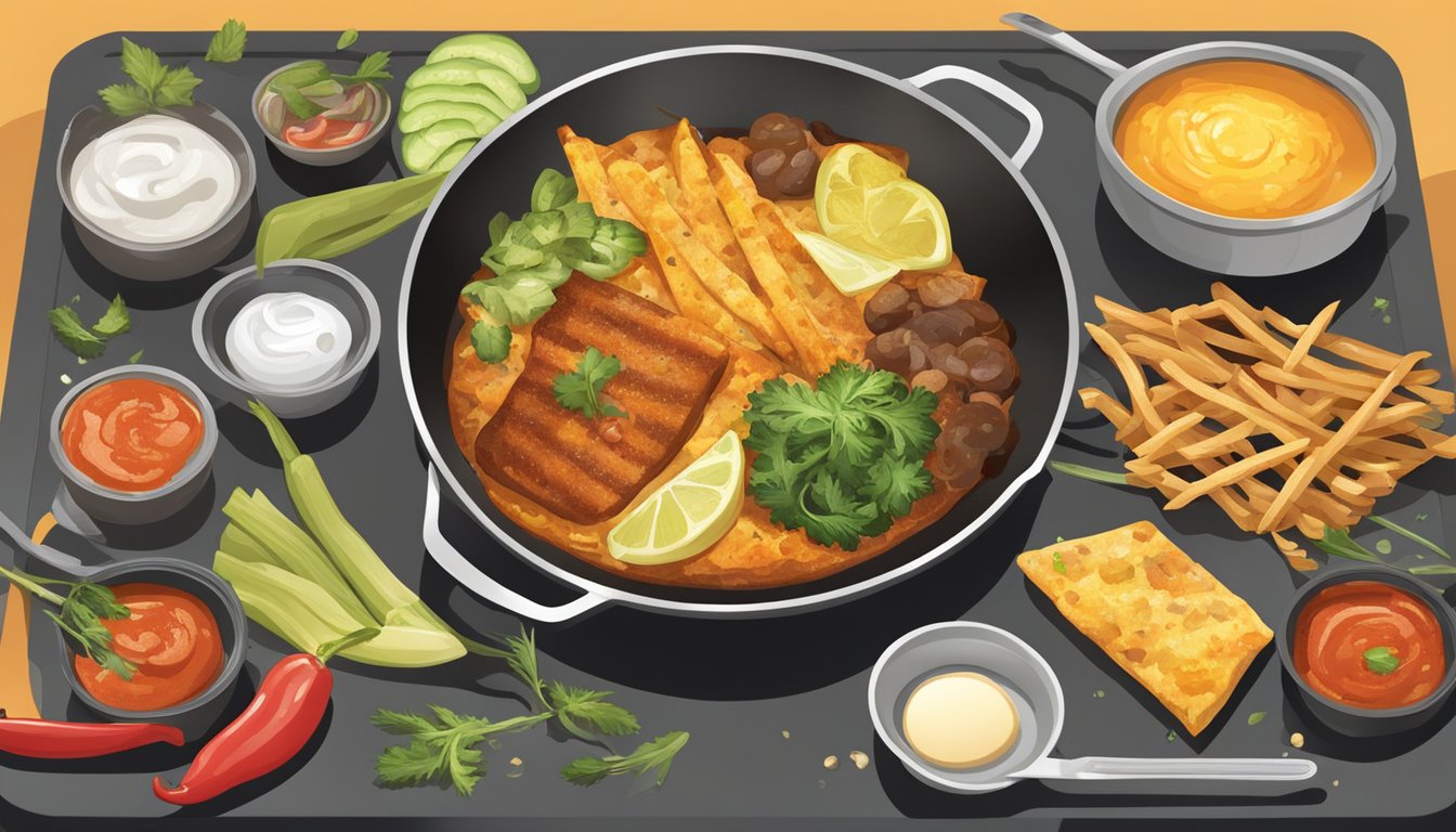 A sizzling pan with various accompaniments and condiments being fried up