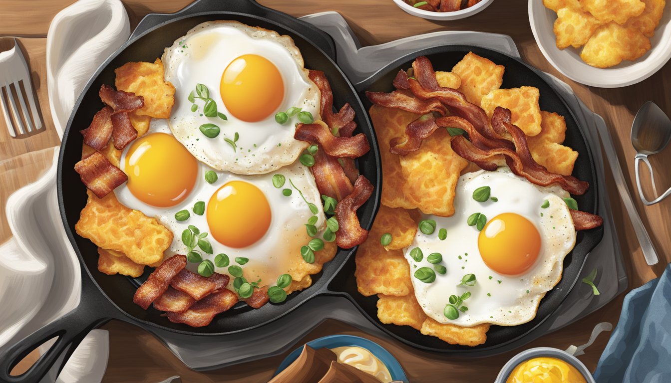 A sizzling skillet holds a medley of breakfast favorites: crispy bacon, golden hash browns, and sunny-side-up eggs