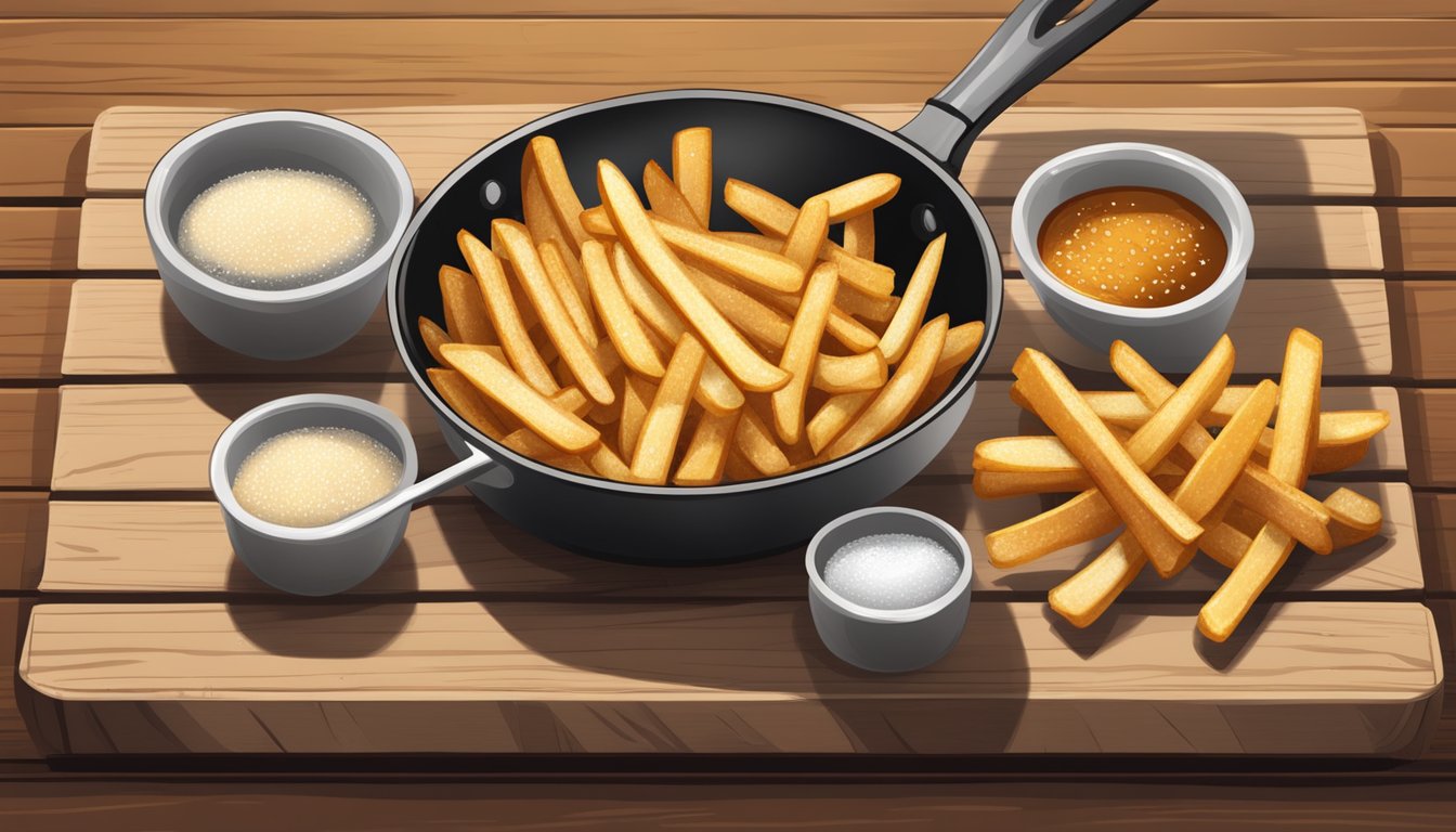 A sizzling pan of golden-brown fries with a sprinkle of salt, served on a rustic wooden board with a side of dipping sauce