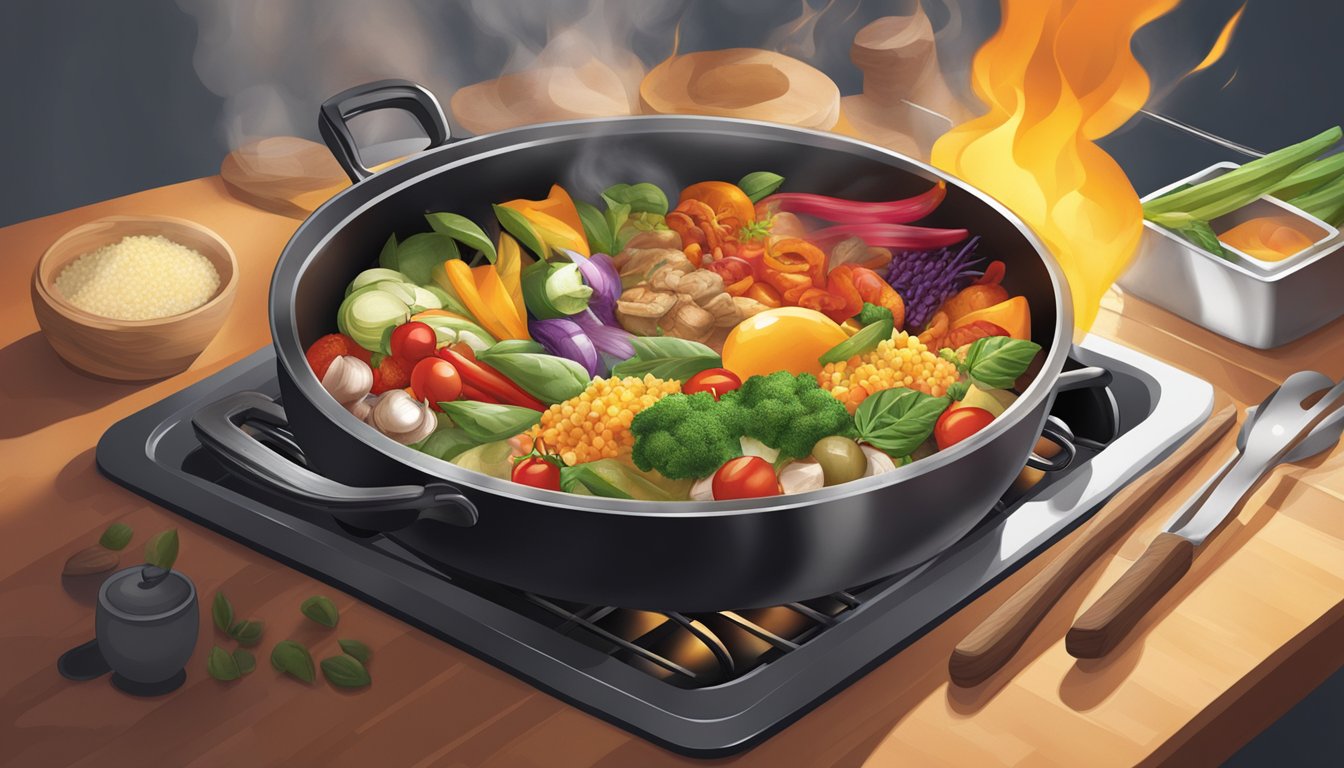 A sizzling pan of diverse ingredients cooking together, emitting an aromatic blend of cultural flavors