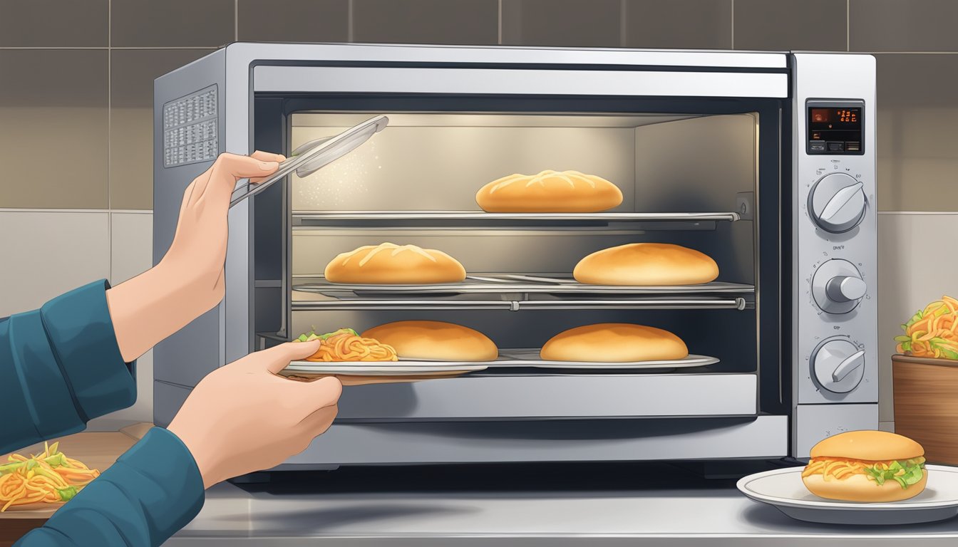 A hand reaching into a microwave to remove a steaming plate of fried bao buns