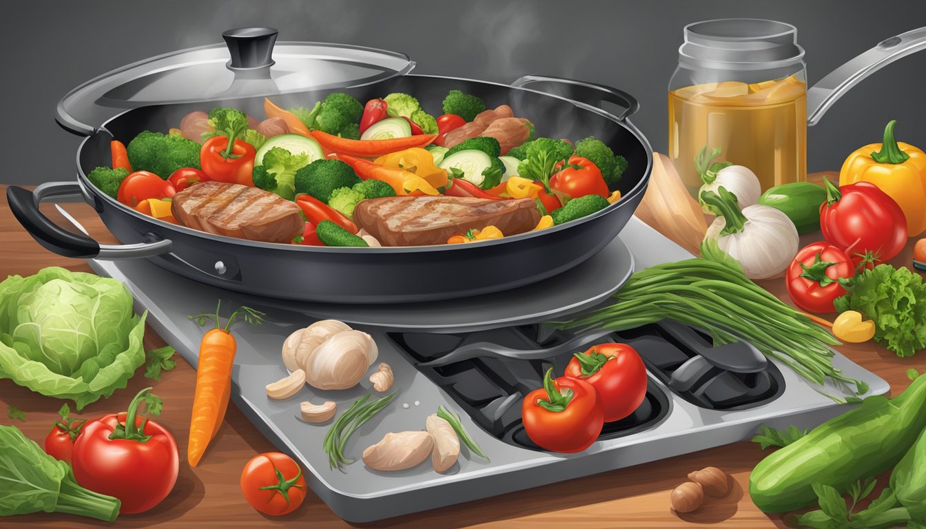 Fresh vegetables and lean meats sizzle in a hot pan, emitting a delicious aroma. A variety of colorful ingredients are being cooked to perfection, ready to provide health benefits when consumed