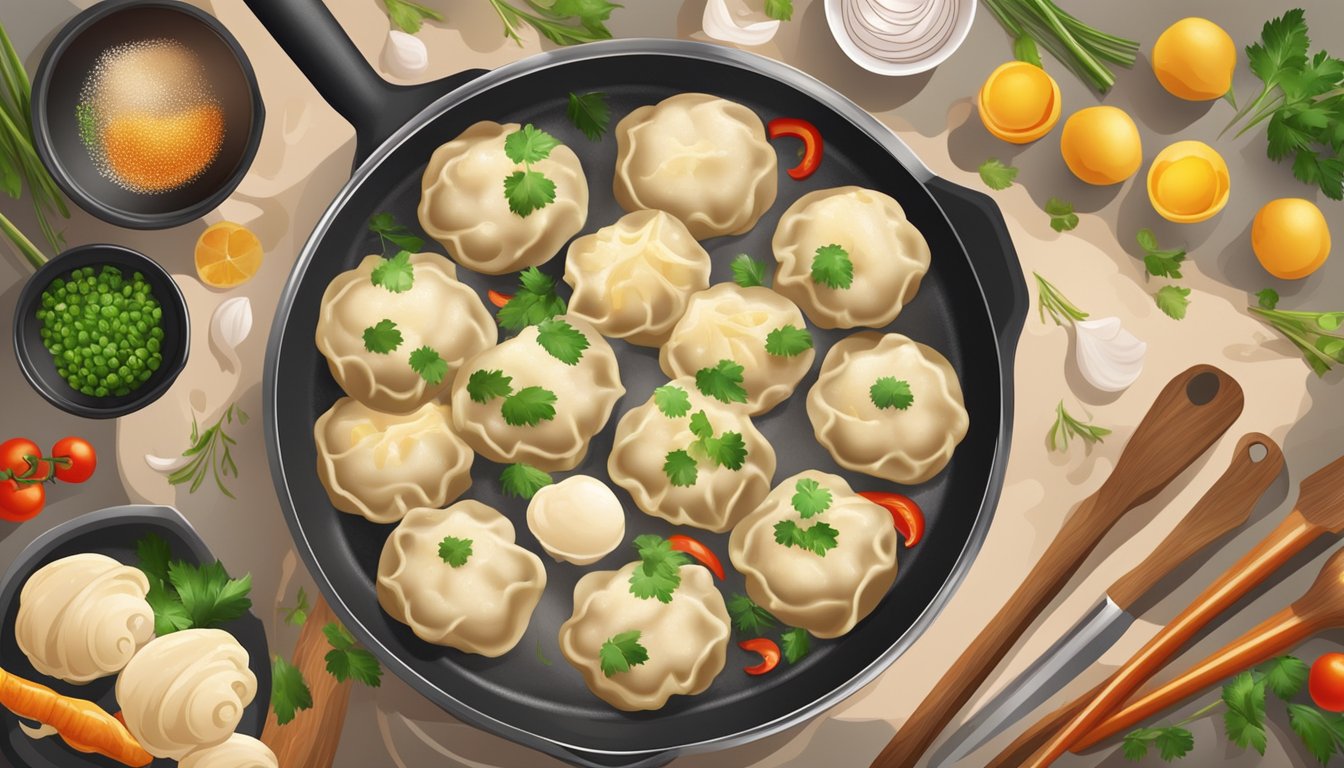 A sizzling pan with dumplings frying, surrounded by ingredients and cooking tools