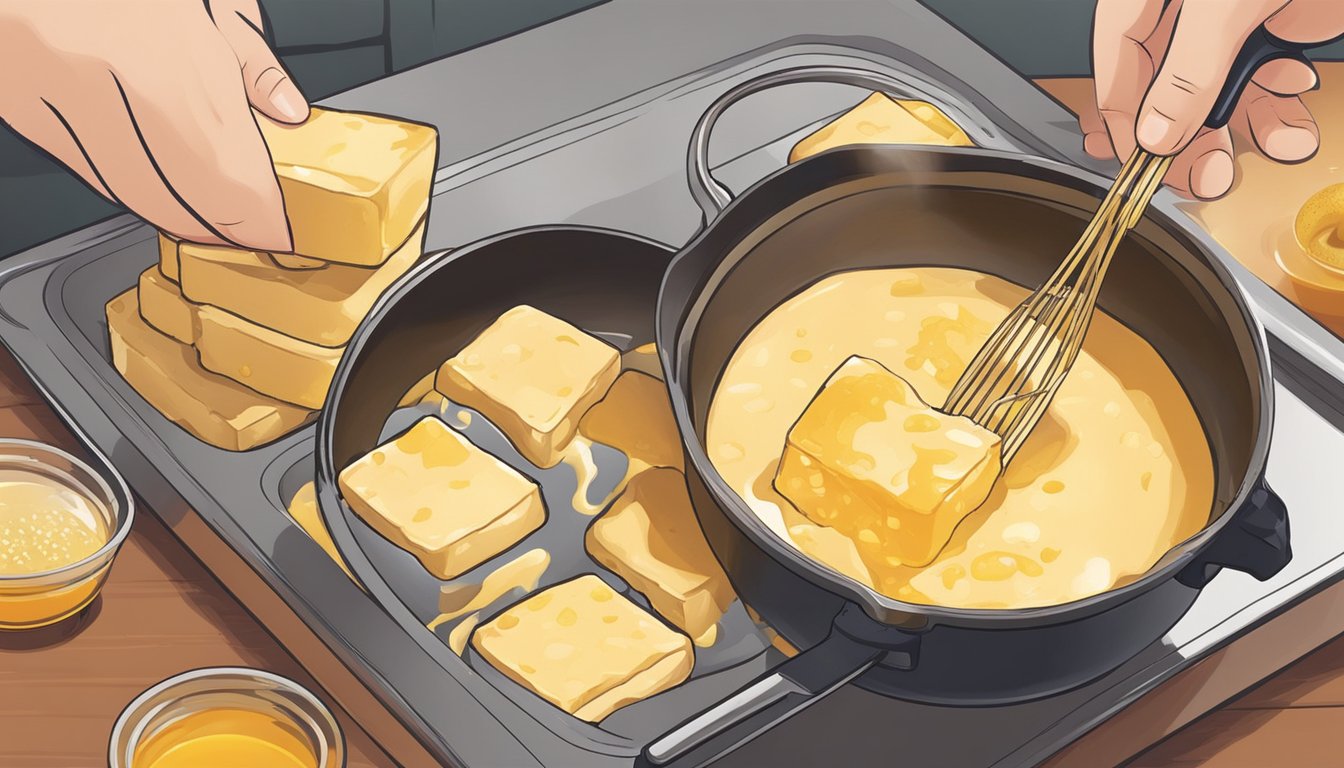 A hand dipping tofu in batter, then placing it in a sizzling pan of hot oil