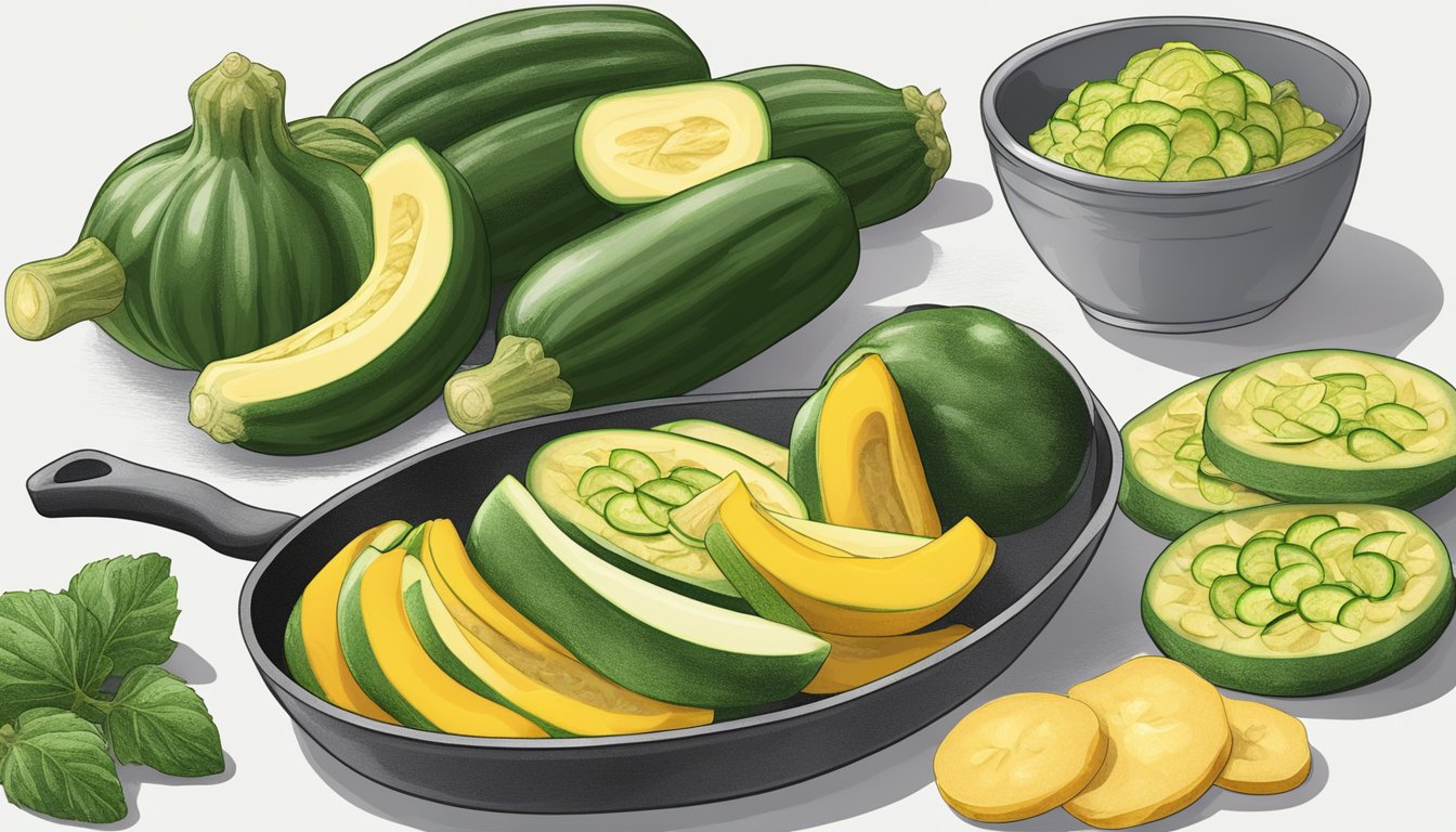 Fresh squash and zucchini being sliced and seasoned, ready for frying in a sizzling pan