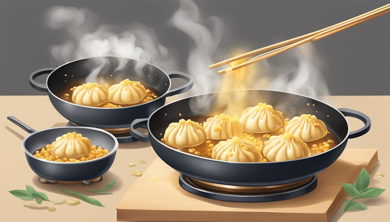 Golden dumplings sizzle in a hot pan, steam rising as they cook. A pair of chopsticks hovers above, ready to flip the crispy treats