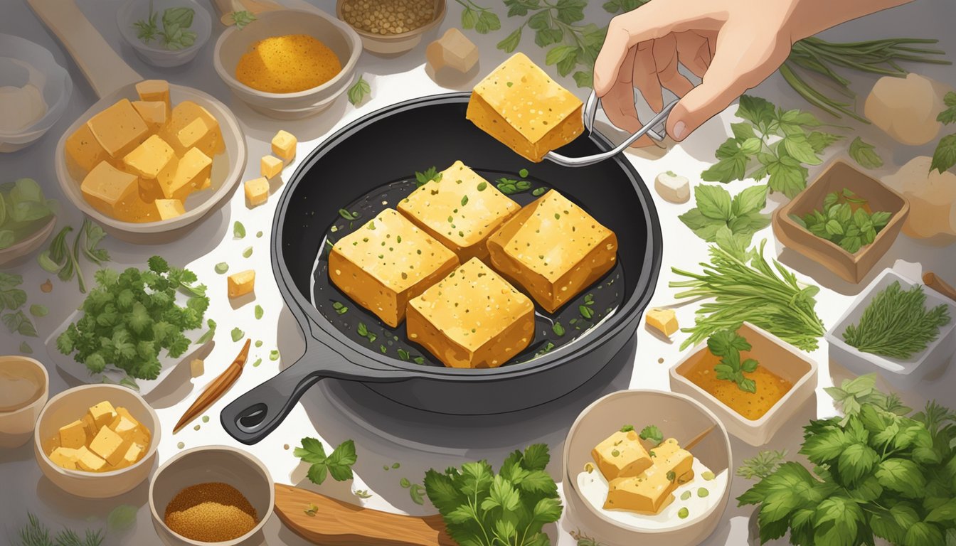 A sizzling pan of golden-brown tofu being lifted out of hot oil, surrounded by herbs and spices ready for pairing