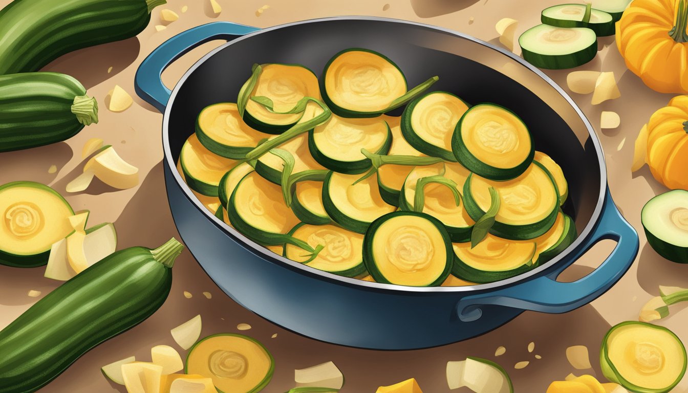 Slices of squash and zucchini sizzling in a hot pan, golden brown and crispy